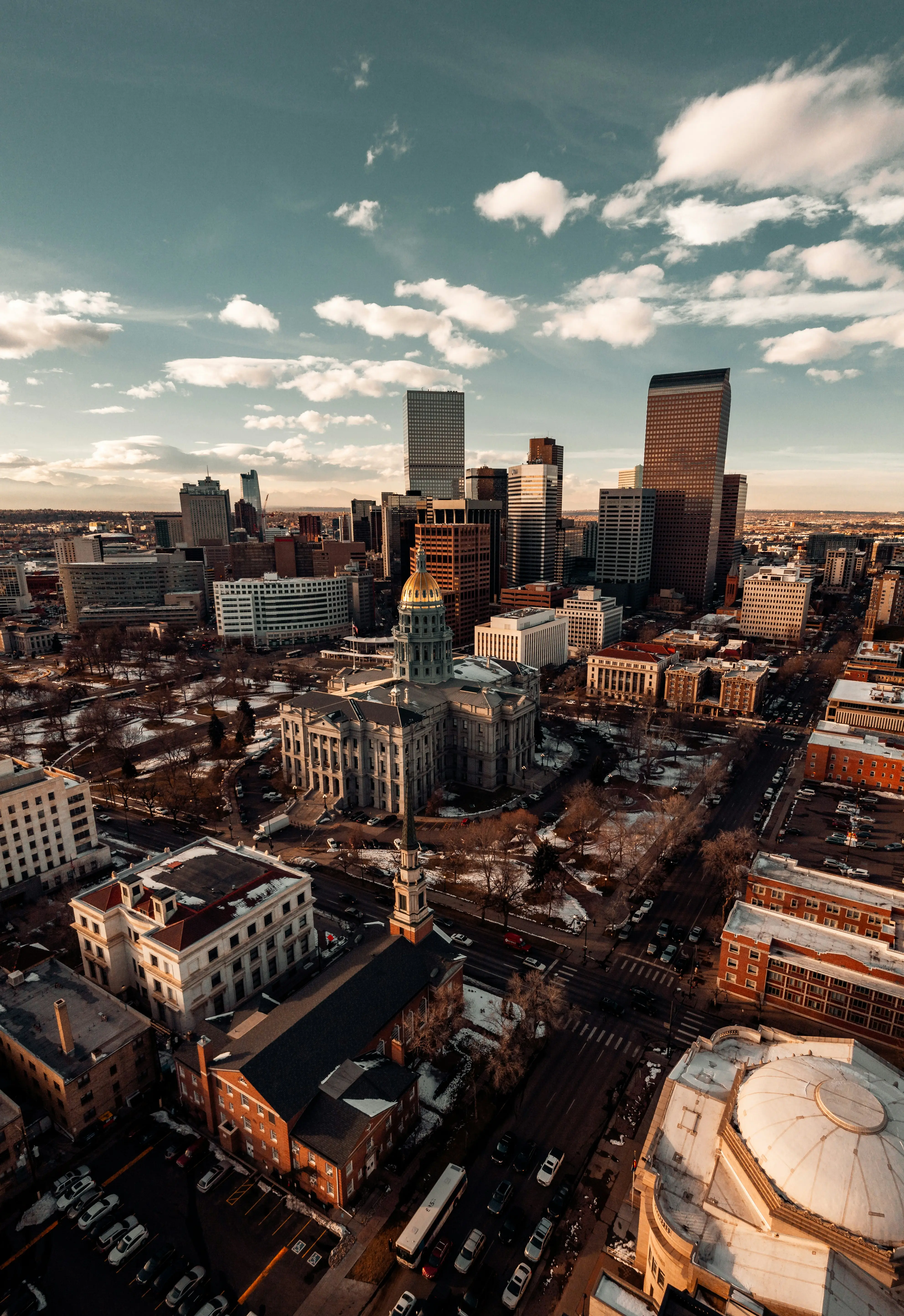 Arial view of downtown Denver, Colorado with state capitol at the center