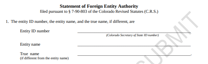 A snapshot of the Statement of Foreign Entity Authority form, showing the "Entity Name" and "True Name" sections of the form.