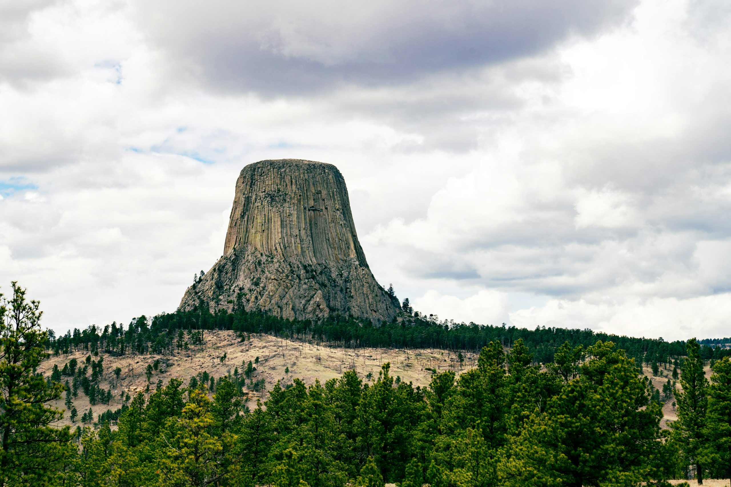 The Devil's Tower plateau rising above green trees on a cloudy day.
